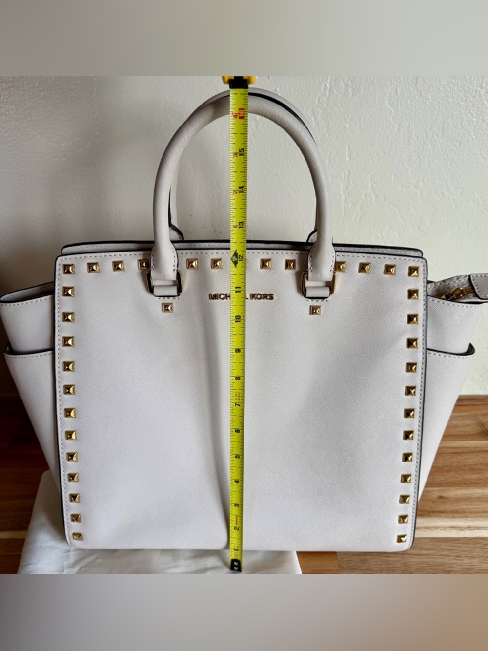 Michael Kors White/Cream Gold Selma Studded Saffiano Leather  XL Satchel - Picture 11 of 16
